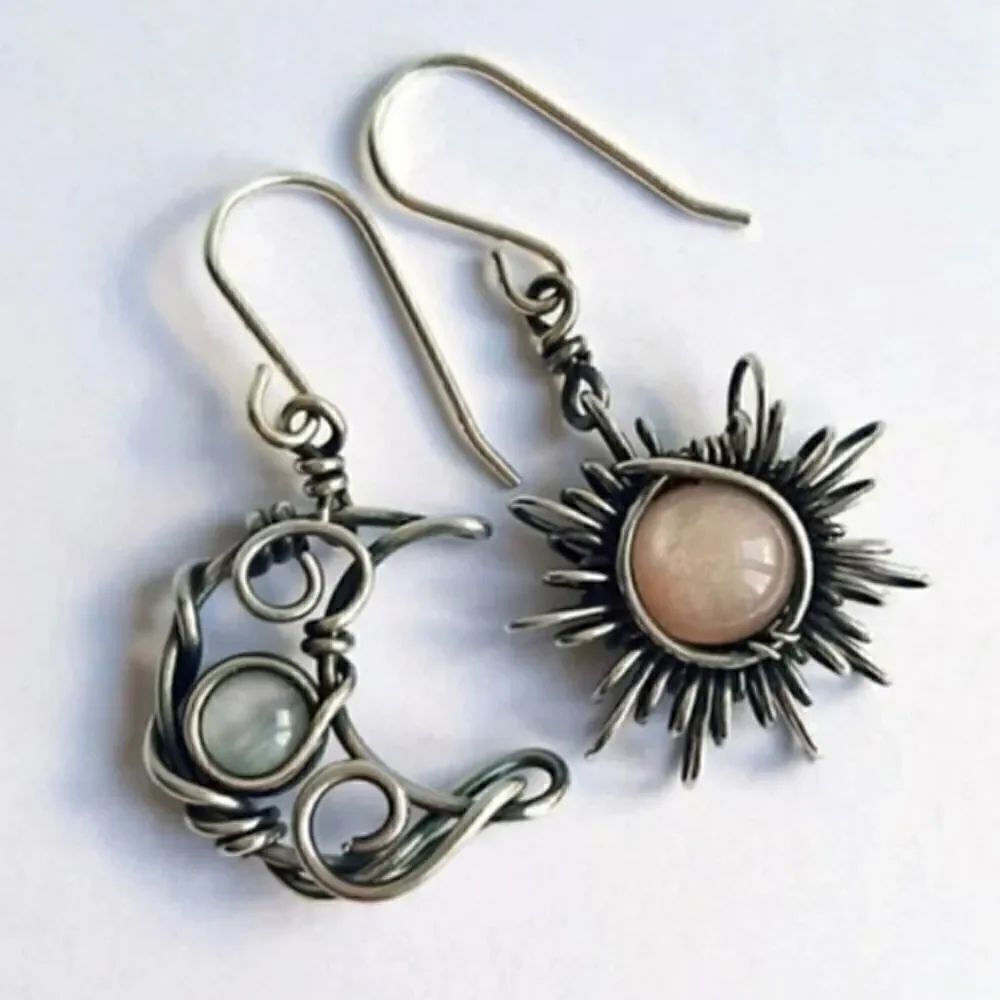Bohomian Sun and Moon Silver Earrings